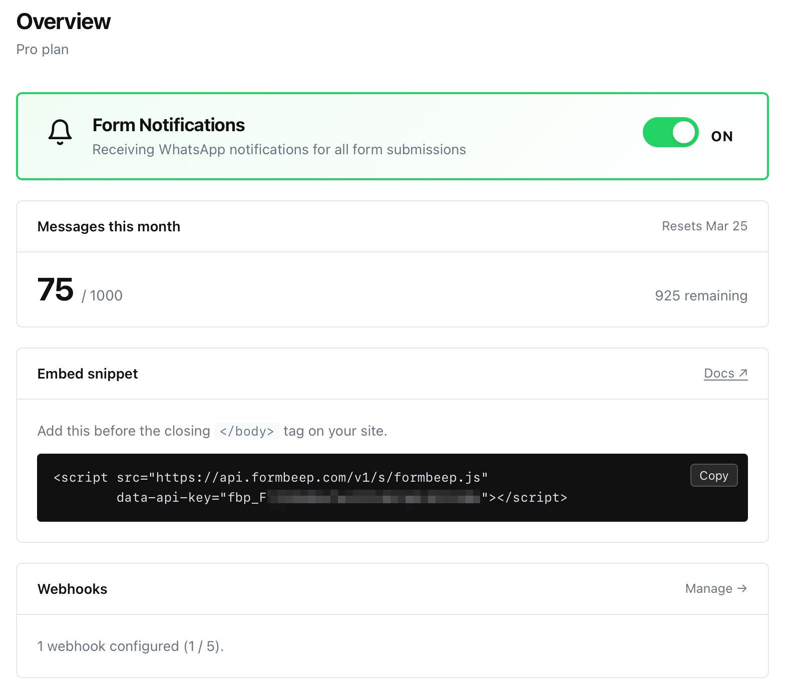 Copy the embed snippet from your FormBeep dashboard