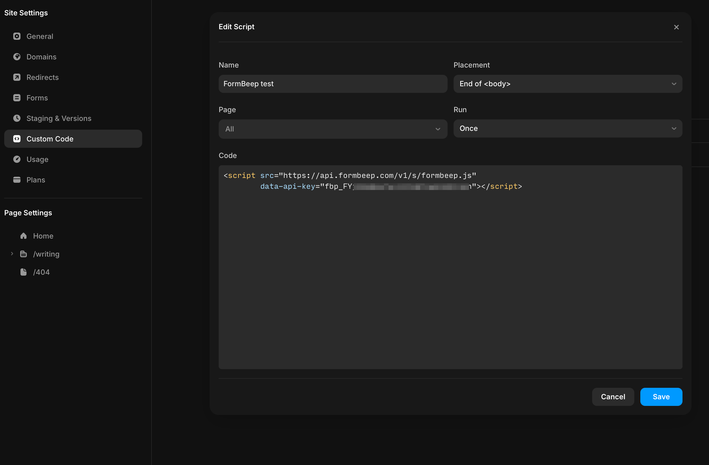 Add the FormBeep script via Site Settings → Custom Code → Add Script