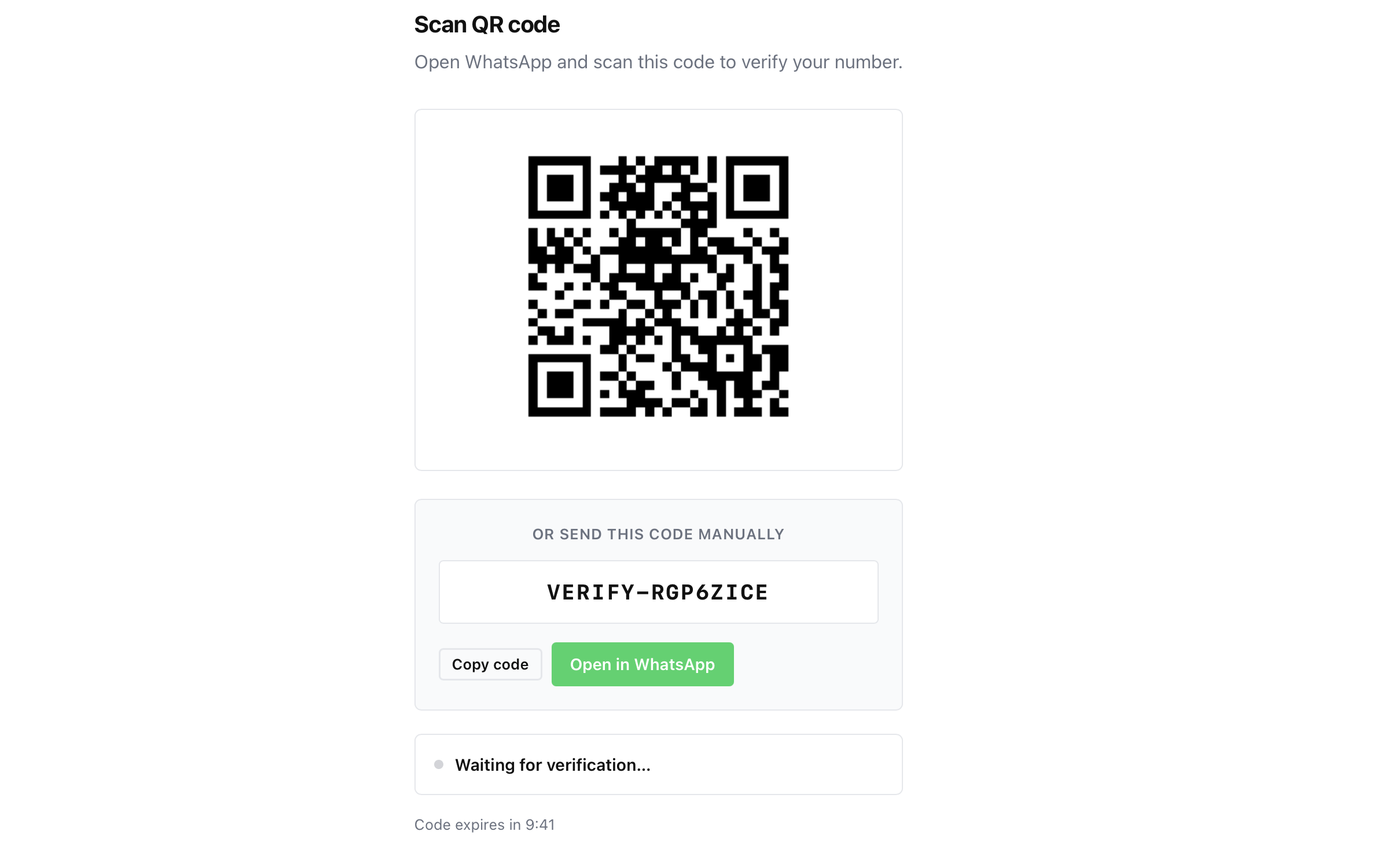 Scan the QR code with WhatsApp to verify your number