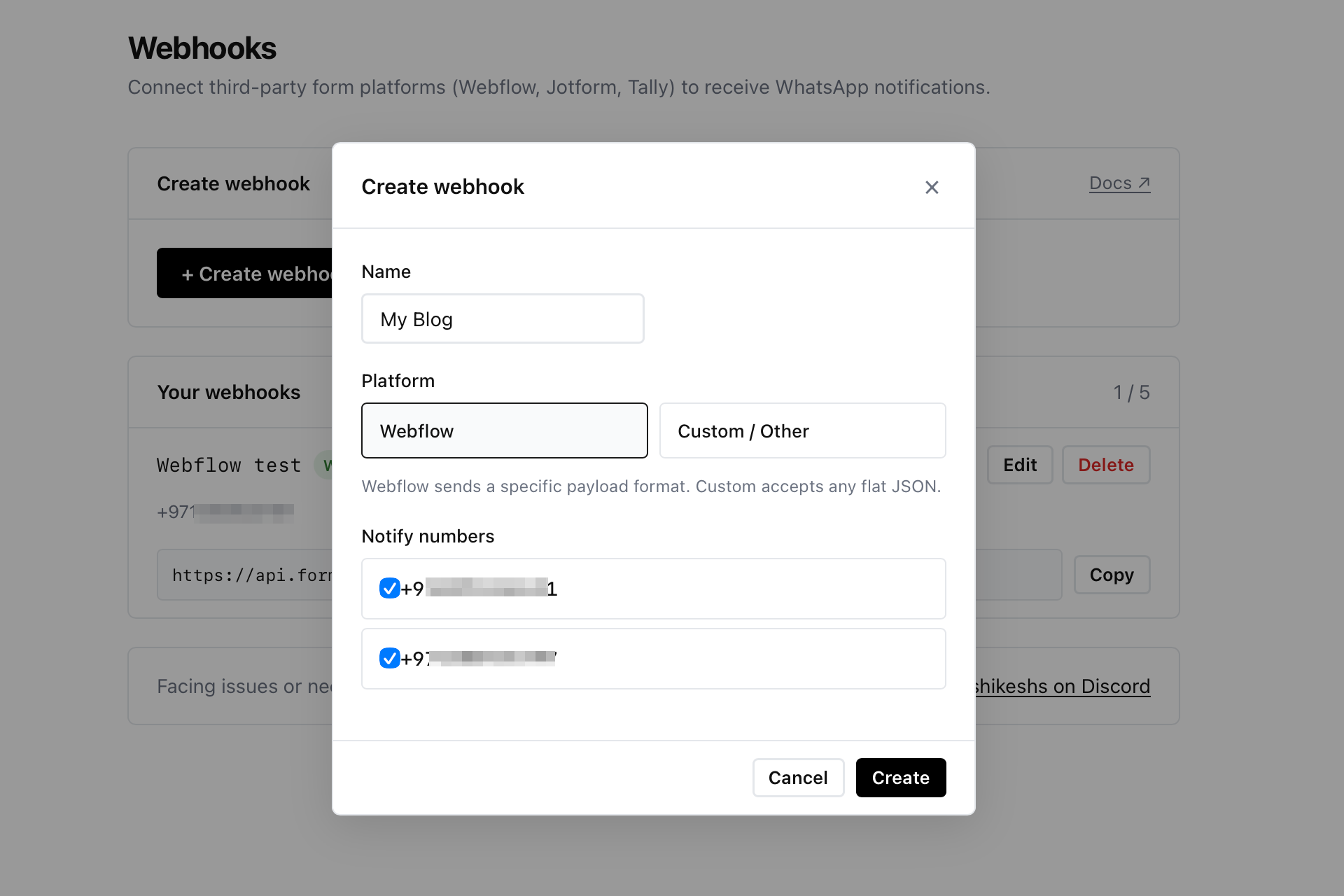 FormBeep webhook creation screen with Webflow selected