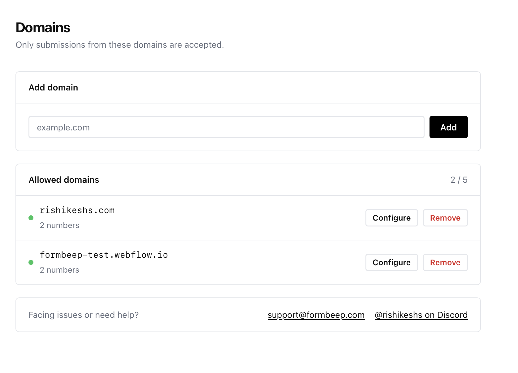 FormBeep domains screen with a domain added
