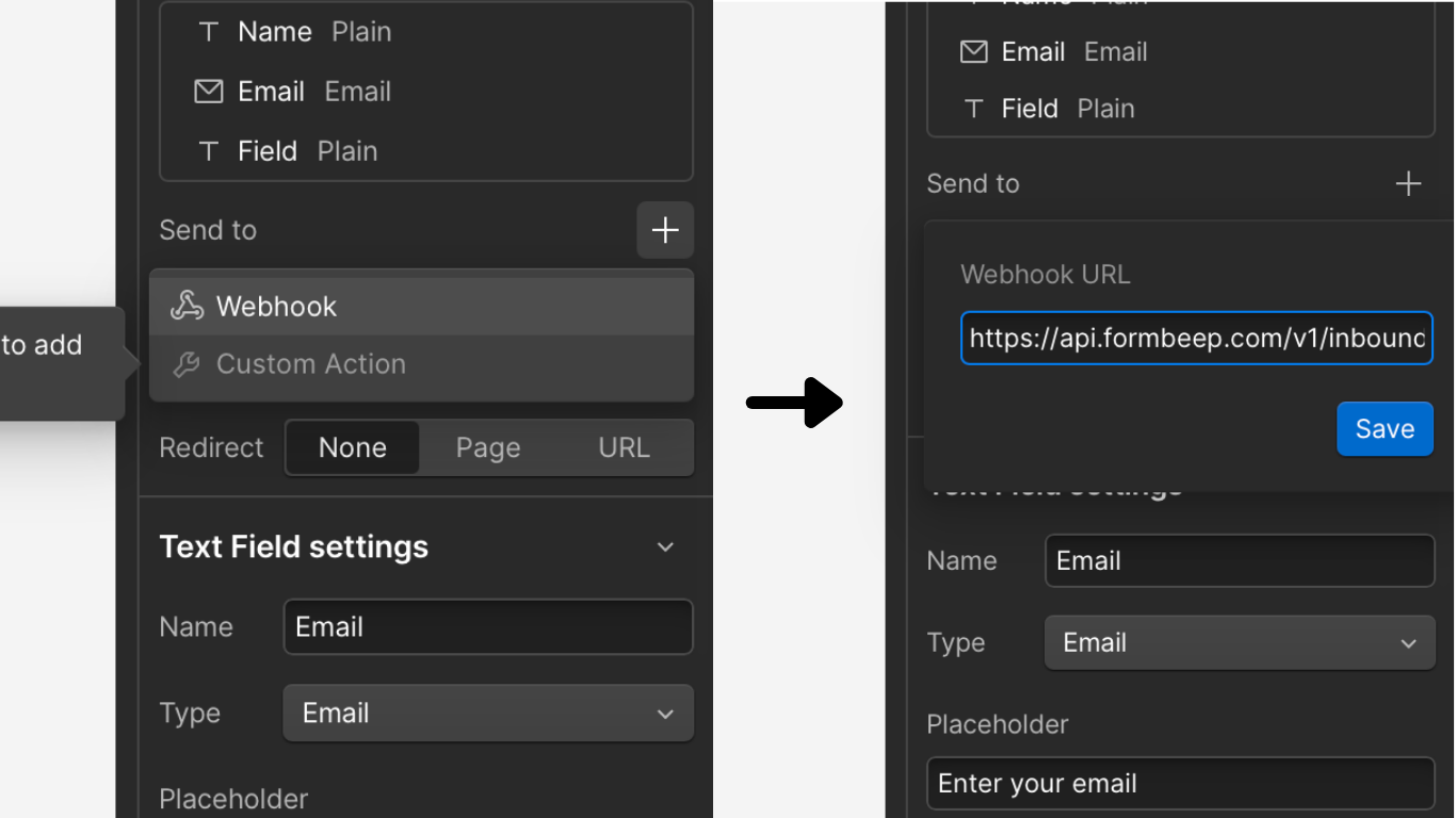 FormBeep webhook URL pasted into Webflow