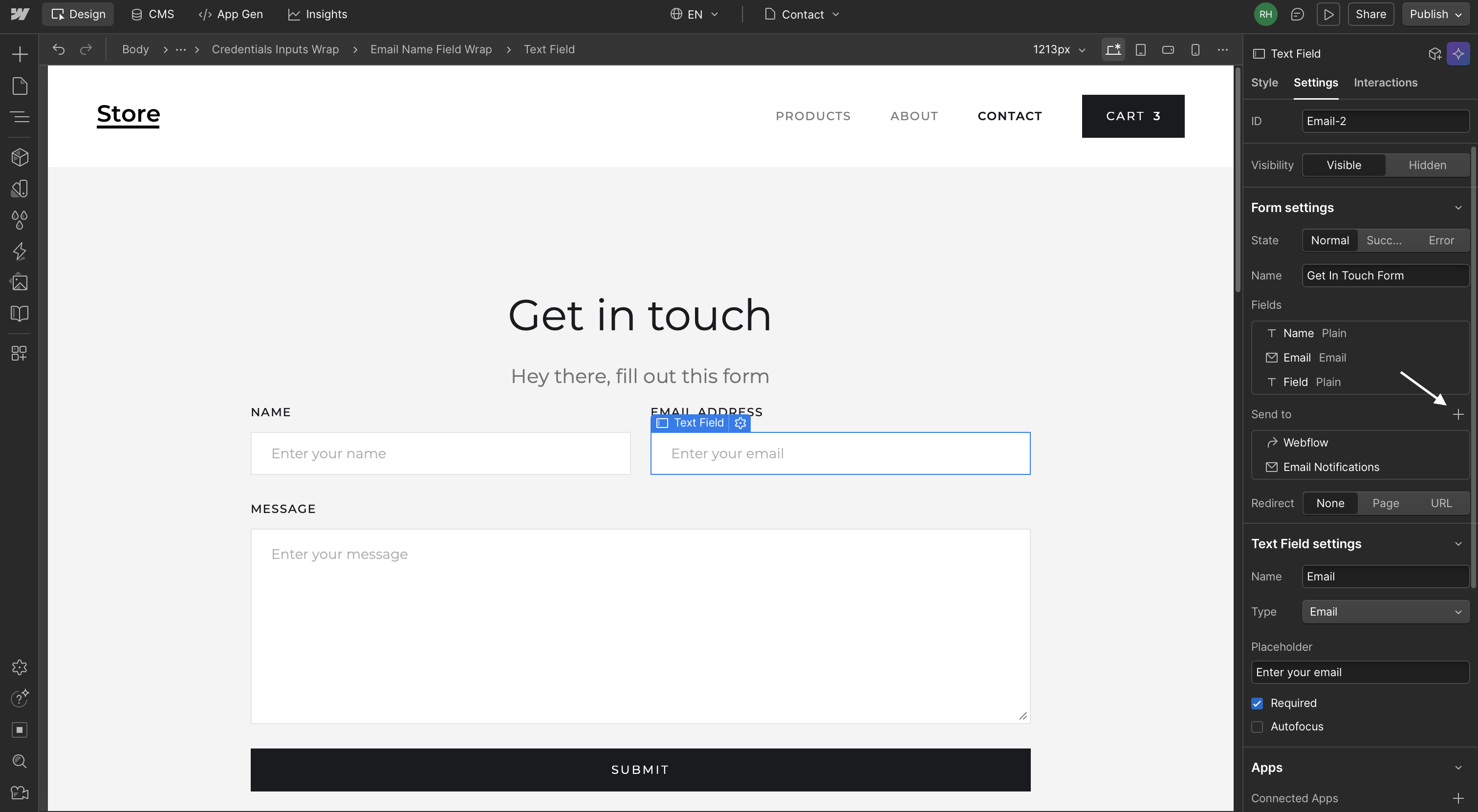 Webflow Designer with form selected, settings panel open showing webhook option