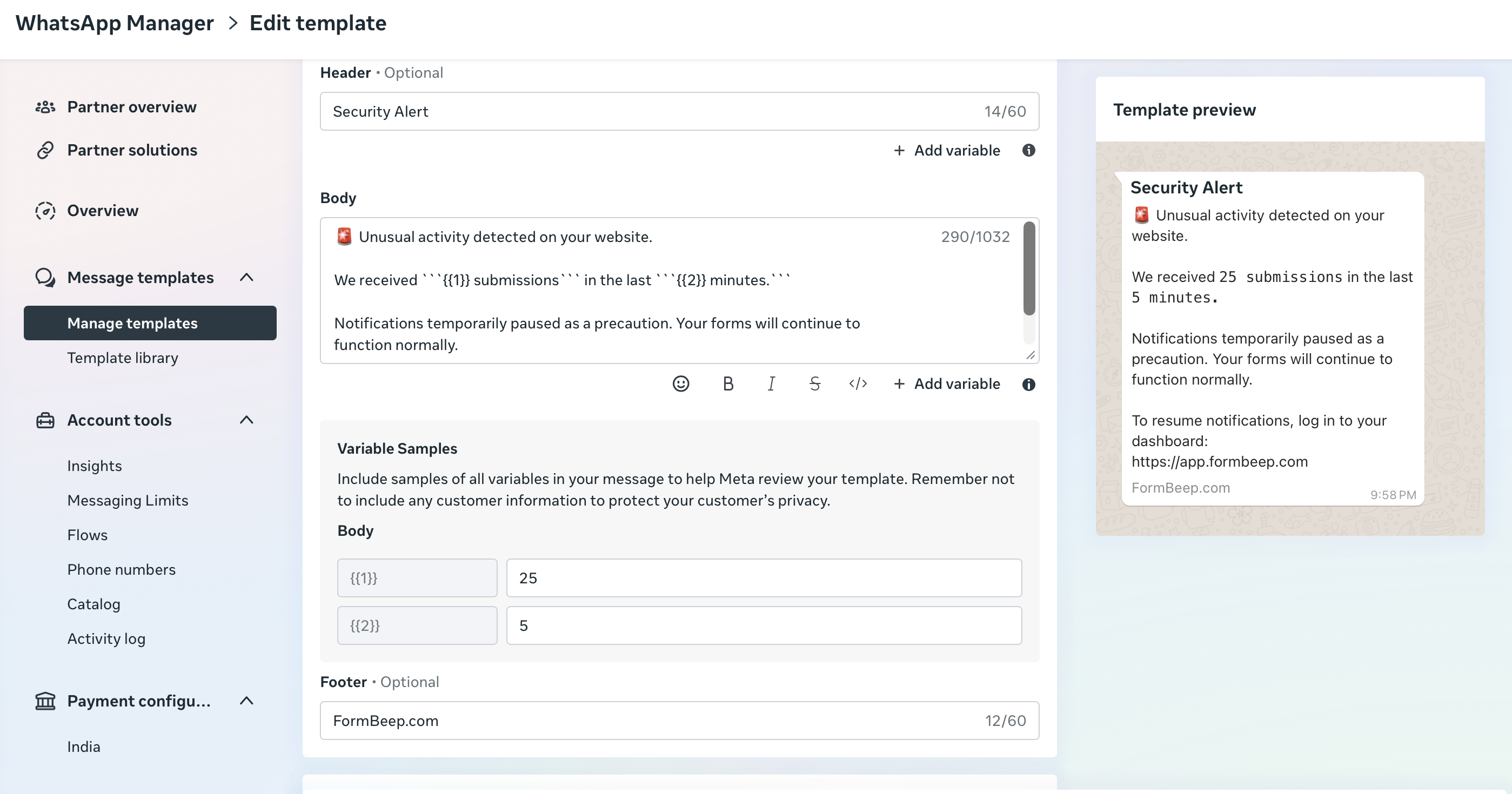 WhatsApp Business template approval screen in Meta Business Manager